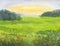 Watercolor landscape green grass, rising yellow sun, distant trees, quiet atmosphere abstract background
