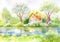 Watercolor landscape, house on the river, forest, lawn. Pastel p
