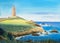 Watercolor Landscape Illustration. Spain, The Tower of Hercules.
