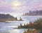 Watercolor landscape lake or river, distant trees, morning sun. travel or hiking theme illustration