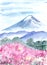 Watercolor landscape Mount Fuji and cherry blossoms