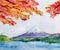 Watercolor landscape with mountain Fujiyama and