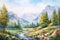 Watercolor landscape with mountains, forest and river in front, beautiful landscape