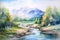 Watercolor landscape with mountains, forest and river in front, beautiful landscape