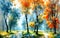 Watercolor landscape, multicolored forest, trees with colorful leaves, artistic vision of autumn splash art