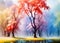 Watercolor landscape, multicolored forest, trees with colorful leaves, artistic vision of autumn splash art. Generative Ai