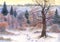 Watercolor landscape. Oak in the woods in winter the valley