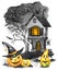 Watercolor landscape. Old house, cemetery and holidays pumpkins. Halloween holiday illustration. Magic, symbol of horror