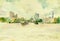 Watercolor landscape original painting colorful of Chao Phraya river, city in Thailand