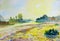 Watercolor landscape original painting colorful of sun in morning.