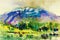 Watercolor landscape original painting colorful of water tower mountain
