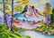 Watercolor landscape painting autumnal colorful mountain landscape in sky background. Hand drawn. Horizontal view, space.