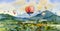 Watercolor landscape painting colorful of ballooning on village, mountain