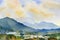 Watercolor landscape painting colorful of village, mountain and meadow