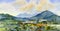 Watercolor landscape painting colorful of village, mountain and meadow