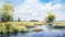 Watercolor Landscape Painting: Marsh With Dnieper River And Willow Trees