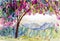 Watercolor landscape painting panorama colorful of natural beauty flowers tree and mountain