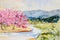 Watercolor landscape painting wild himalayan cherry riverside