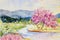 Watercolor landscape painting wild himalayan cherry riverside