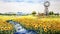 Watercolor Landscape: Quaint Windmill, Sunflowers, And Waterfall