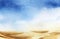 Watercolor landscape of sand dunes in vast desert beneath endless blue sky. Bleached sand of desert merges with white fluffy