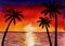 Watercolor  landscape of the sea or ocean and palms at the sunset