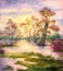 Watercolor landscape. Spring flooding river