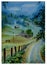 Watercolor landscape of summer twilight in a village with houses, a road and a horse grazing.