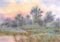Watercolor landscape. Sunrise over the woods and meadows around