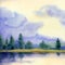 Watercolor landscape. Trees by the lake