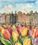 Watercolor landscape of tulips on the background of the channel and buildings in Amsterdam. City canal. Netherlands. Copy-space.