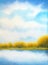 Watercolor landscape. White clouds on blue sky over lake