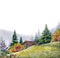 Watercolor landscape. Wooden cabin in the mountains