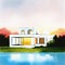 Watercolor of A large modern white House with pool sunset