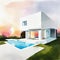 Watercolor of A large modern white House with pool sunset