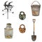 A watercolor large set of arm instruments: bucket, shovel, locks and birds house