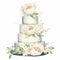 watercolor large wedding cake decorated pearl and flowers generative AI