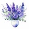 Watercolor Lavender Flower In A White Vase With Leaves