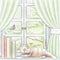 Watercolor and lead pencil graphic composition with books and cat sleeping on the window