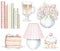 Watercolor and lead pencil graphic set of cakes, lamp, books, vase with flowers and glass of coffee