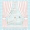 Watercolor and lead pencil window with pink curtains and winter landscape on blue wallpaper