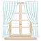 Watercolor and lead pencil wooden window with blue curtains