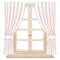Watercolor and lead pencil wooden window with pink curtains