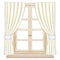 Watercolor and lead pencil wooden window with yellow curtains