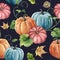 Watercolor leaves and bright pumpkin seamless pattern. Hand painted autumn pumpkin ornament with branch isolated on dark