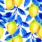 Watercolor lemon fruit branch with bright blue leaves seamless pattern.