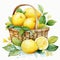 Watercolor Lemons And Leaves In A Lively Wicker Basket