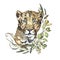 Watercolor leopard portrait with flowers. African animlas clipart.