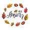 Watercolor lettering autumn design elements things . Hand drawn watercolor.