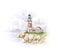 Watercolor lighthouse. Drawing of a sea landscape. Handwork.